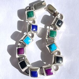 Vintage Mexico Sterling Silver Multi-Colored Gemstones Square Panels Bracelet